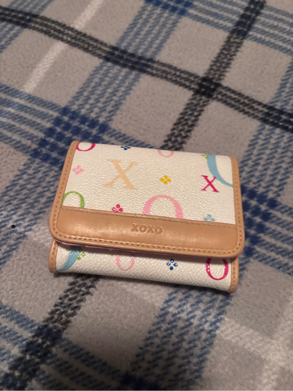 XOXO White Multicolor Logo Trifold Wallet with Tan Trim